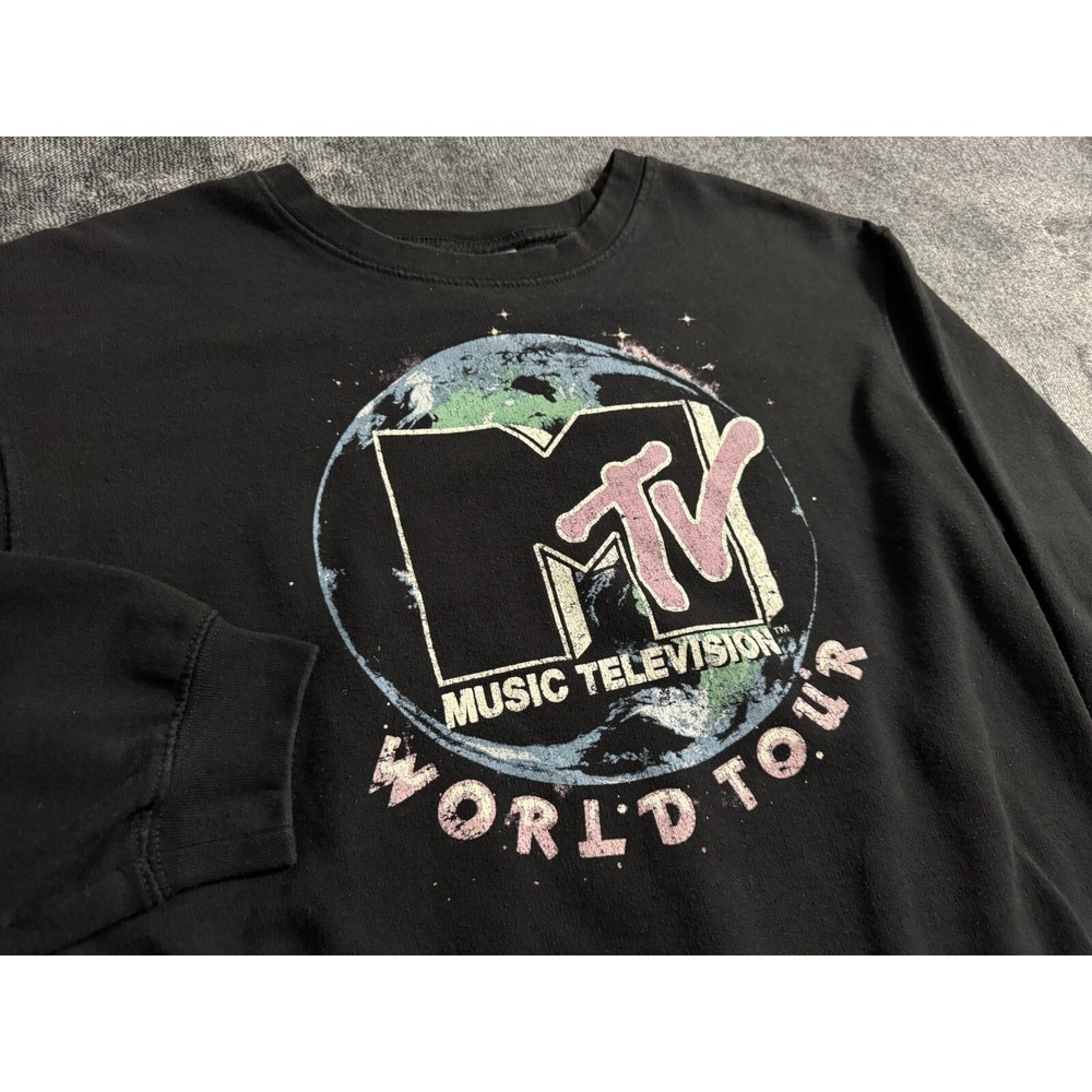 MTV Sweater Juniors Womens M 7-9 Black World Tour Graphic Sweatshirt Top 2021